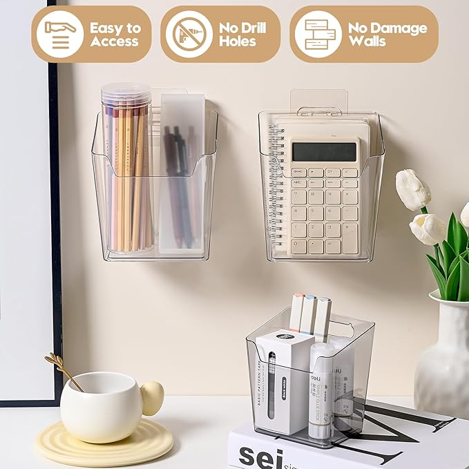 2-Pack Kitchen Cabinet Door Organizer Adhesive, Hanging Storage Bins, Stick on Wall Storage Container, Bathroom Floating Bins Wall Mounted Organizer Under Sink Caddy for Pantry Storage, Office, Dorm