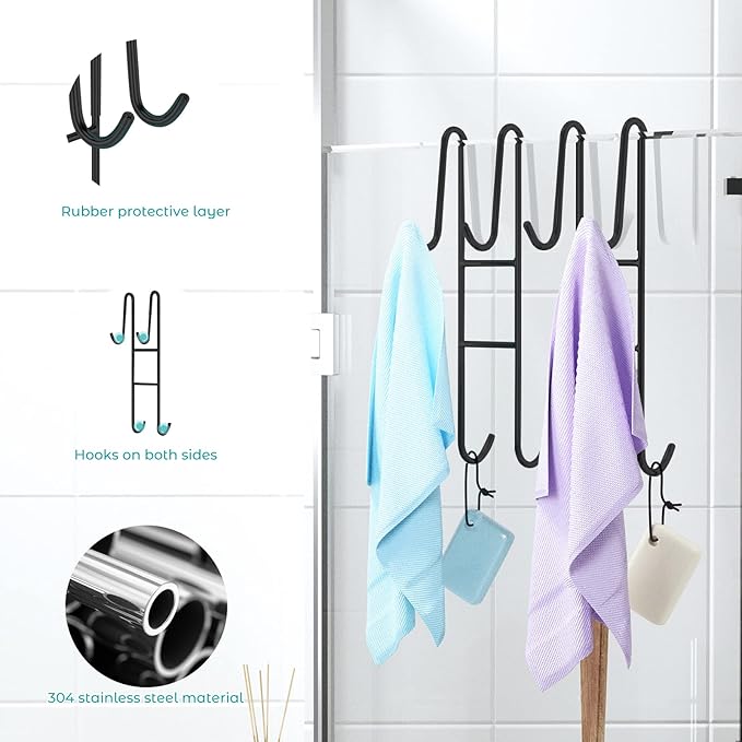 Cerbonny Shower Door Hooks (14 Inch), 2 Pack Super Extended Towel Hooks for Bathroom, Over Door Hooks, Shower Hooks for Frameless Glass Door, Black