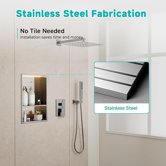 Stainless Steel LED Lights Shower Niche 12" x 18" – Recessed 2-Tier Shower Shelf, 12"x12" Upper & 12"x6" Lower Storage, Modern Bathroom Wall Niche (Brushed)