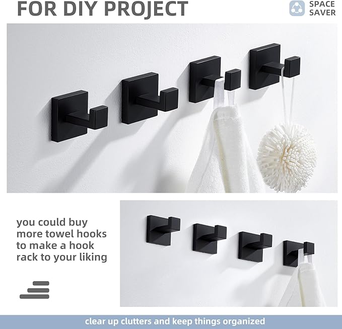 Angle Simple Matte Black Towel Hooks for Bathroom, SUS 304 Stainless Steel Square Wall Coat Hooks, 2 Pack