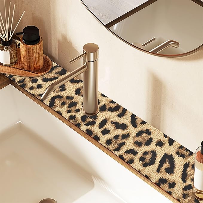 Kitchen Sink Splash Guard 2 PCS 14.7 Inch Sink Faucet Mat Splash Guard for Bathroom Countertop Water Absorbent Foldable Cuttable Soft Washable Classical Leopard Print