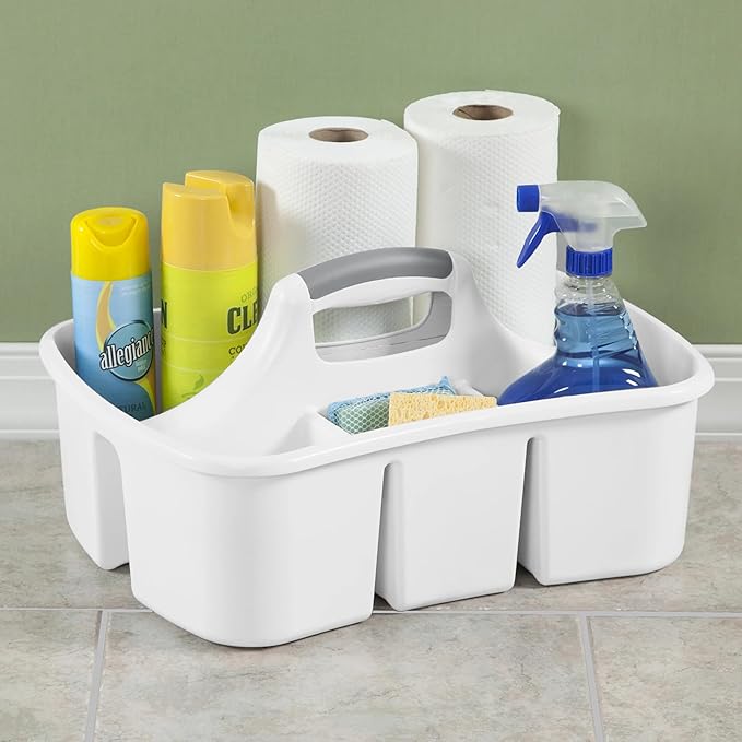 Divided Caddy, Easy Carry Handle, Handy Plastic Utility Storage, White - Multi-Compartment, Durable for Bathroom, Kitchen, Office & Craft Supplies