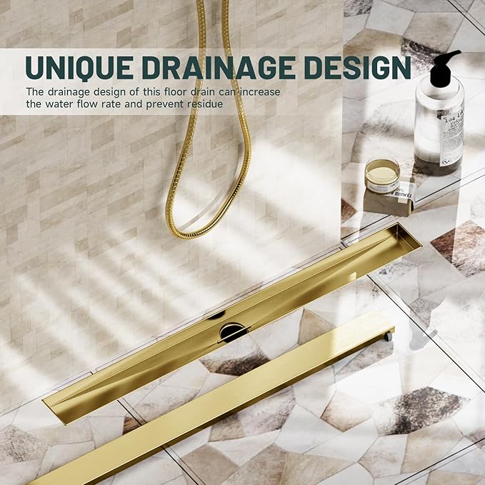 28-Inch Linear Shower Floor Drain, Stainless Steel Bathroom Floor Drains, Rectangular Shower Trench Floor Drain, Hair Strainer, Brushed Gold