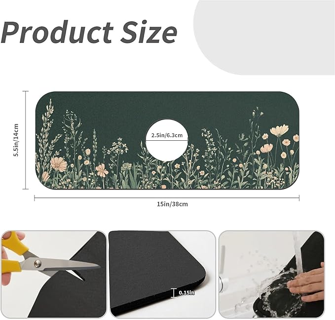 Faucet Draining Mat For Kitchen Sink, Wildflowers Meadow Diatom Mud Absorbent Drain Pad For Bathroom Kitchen Sink Splash Guard Drying Mat
