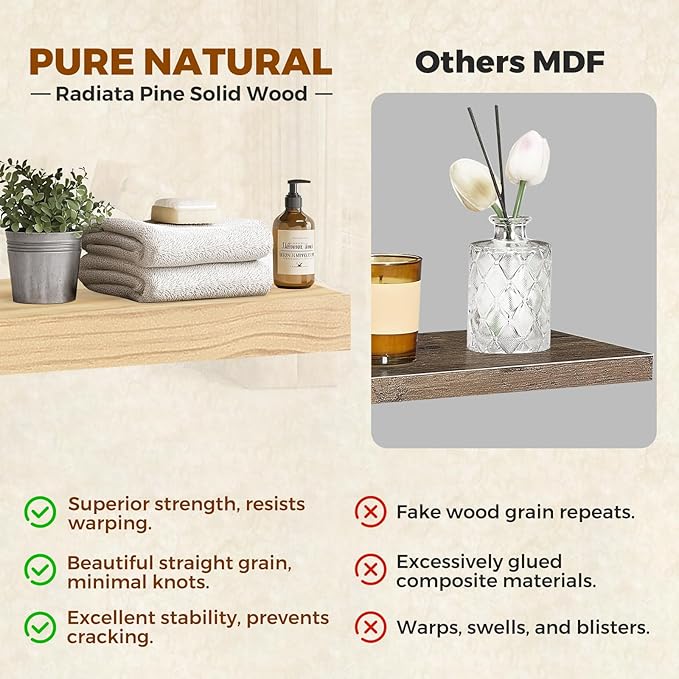 Floating Wall Shelves 24x6.8x1.7 Inch – Solid Wood Rustic Shelves in Natural Wood Finish – Wall Mounted Display Shelf for Bathroom, Kitchen, Bedroom – Set of 2