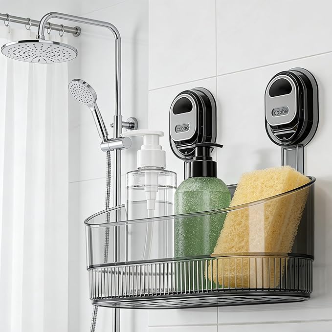No-Drill Bathroom Suction Cup Storage Shelf - Waterproof Large Capacity Organizer Rack with Strong Suction & Easy Installation for Shower, Toilet, Vanity, Countertop (Gray)