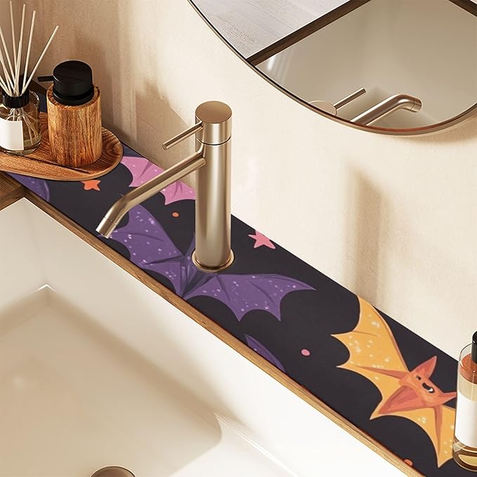 Colored Halloween Bats and Stars Kitchen Sink Splash Guard Faucet Mat Diatomite Absorbent Pad for Bathroom RV 14.7x5.4in 1PCS water