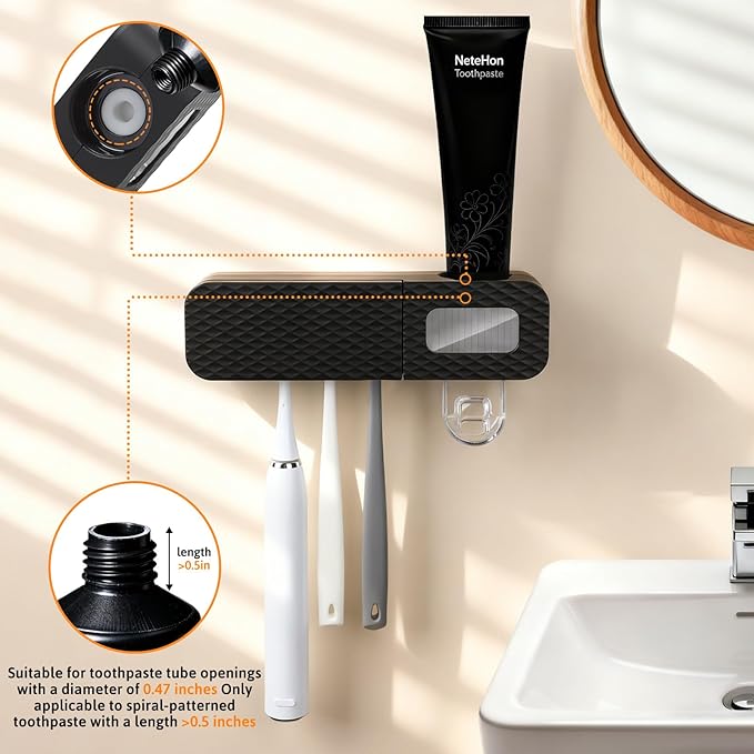 Smart Toothbrush Holder, Wall Mounted Toothbrush Holder with Toothpaste Dispenser, Drying Function and 3 Toothbrush Slots for Bathroom (Black)