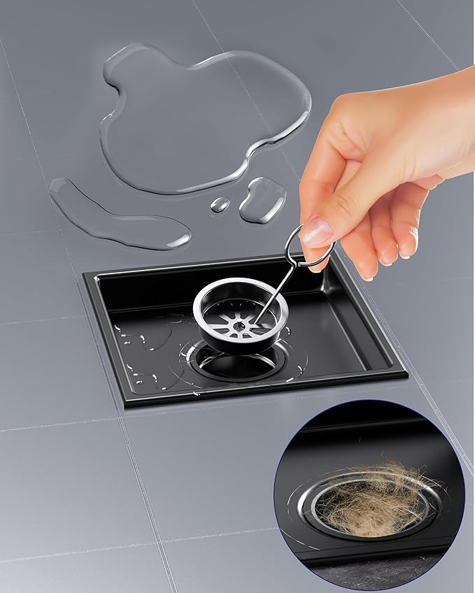6 Inch Square Shower Drain with Flange Reversible 2-in-1 Cover Tile Insert Grate SUS 304 Stainless Steel, Hair Catcher, Anti-Clog, Rust-Resistant, Fast Drainage (Black)