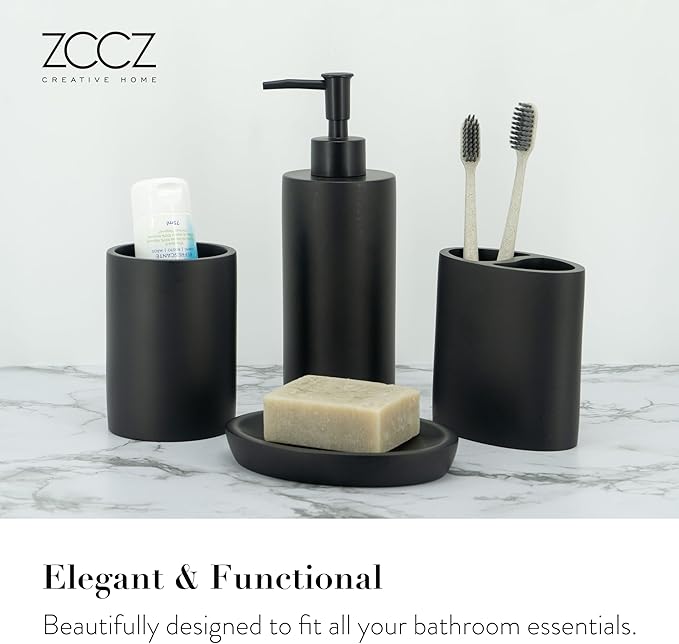 ZCCZ Grey Bathroom Accessory Sets, 4 Pieces Bathroom Accessories Complete Set Vanity Countertop Accessory Set, Includes Lotion Dispenser Soap Pump, Tumbler, Toothbrush Holder and Tray