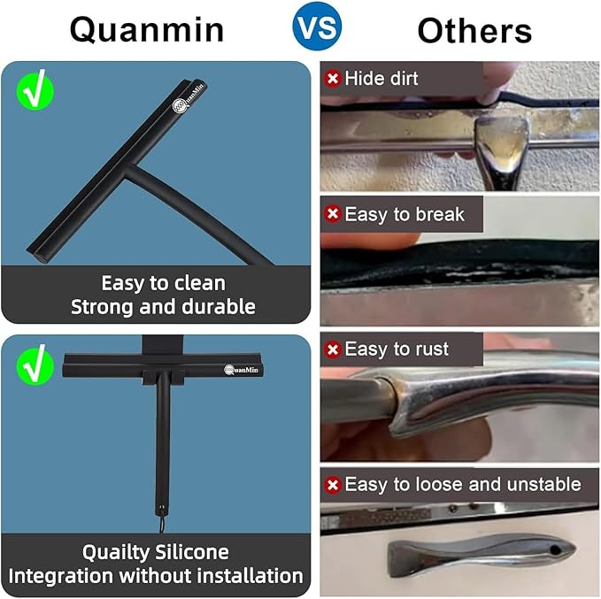 Shower Squeegee with Hook & Sucker - Stainless Steel Core | Silicone Rubber Glass Wiper for Shower Doors, Windows, Mirrors & Car Glass - Black