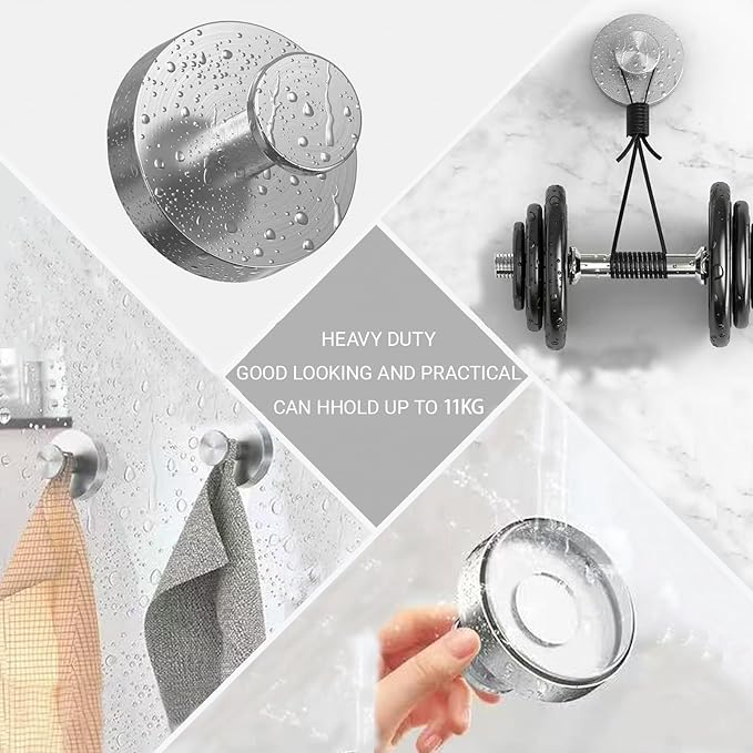 Suction Cup Towel Hooks for Bathroom – 2 Pack Removable Wall Hooks, Brushed Nickel, Waterproof & Rustproof, Holds up to 15 lbs, for Shower, Kitchen, Glass, Tile Surfaces (Black)
