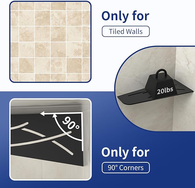 Corner Shower Shelf 12" Matte Black 304 Stainless Steel Quadrilateral Corner Shelves Recessed Bathroom Storage Shampoo Holder Organizer Kitchen Shelf Rack 2 Pack, No Drilling Needed