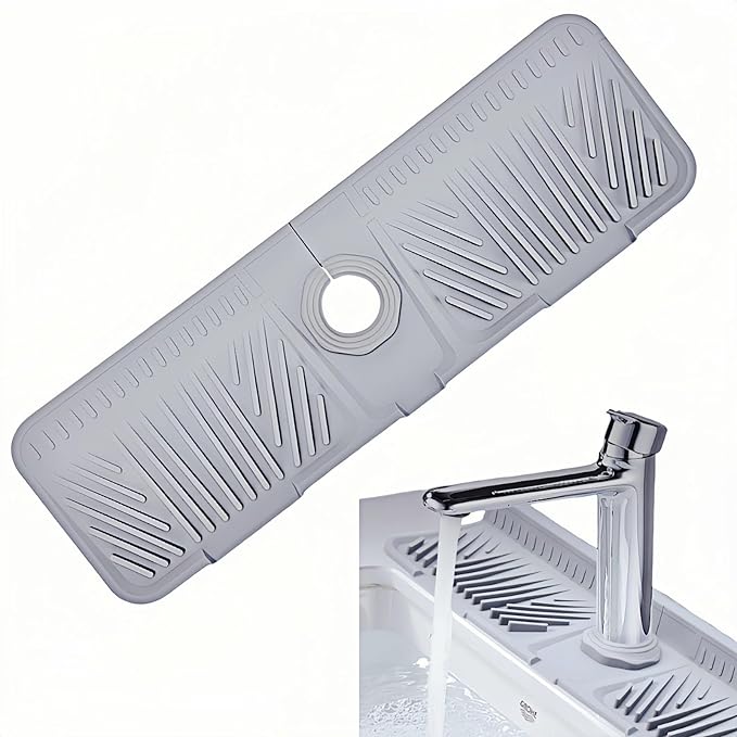 Silicone Kitchen Sink Protector Mat 17.5 Inch - Non-Slip Faucet Mat with Splash Guard Behind Faucet, Drip Catcher & Sponge Holder | Sink Accessories for Bathroom & Kitchen (Gray)