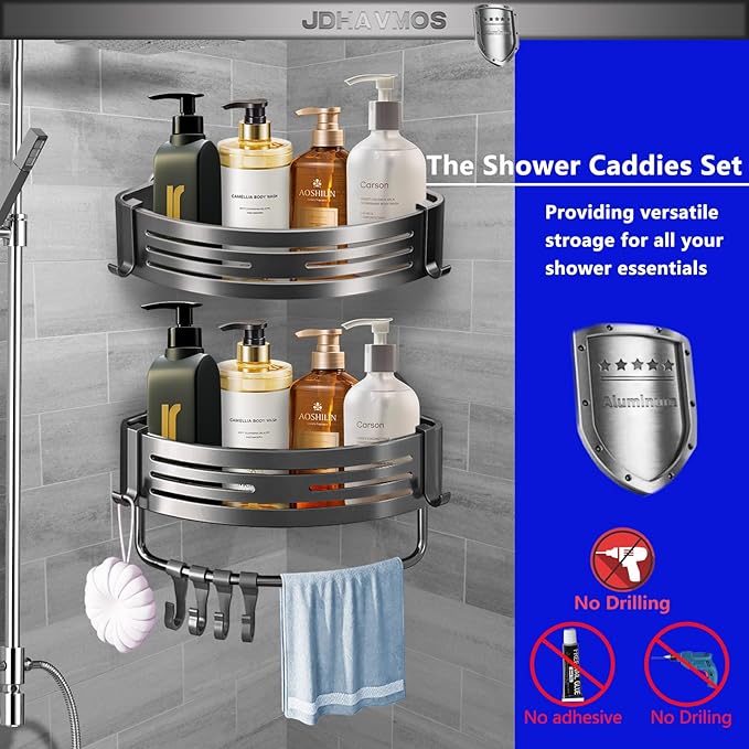 Suction Cup Shower Caddy - No Drilling Removable, Corner Shower Shelves - Aluminum Rustproof, Corner Shower Caddy with Towel Bar & Hooks for Bathroom Organizer (2-Pack Gunmetal Gray)
