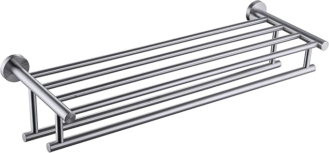 Premium Modern Double Hanging Quadruple Towel Bar Rack w/Round Base (24 Inches)- Brushed Finish, Stainless Steel, Water and Rust Proof, Top of The line Rack and Shelf