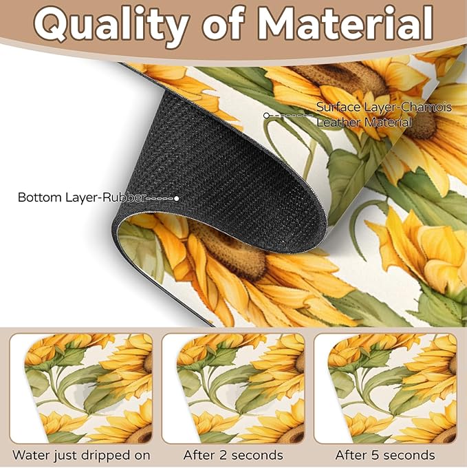 Sunflower Field Kitchen Faucet Mat Splash Guard, 15.4”x5.7” Absorbent Quick Drying Sink Mat for Countertop Protection, Draining Mat Sink Protectors For Kitchen Bathroom, 1 Pack