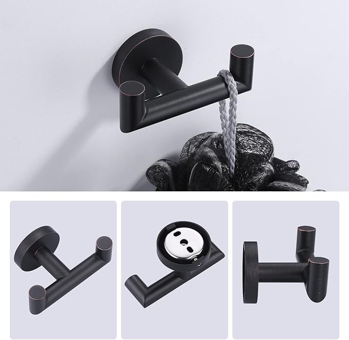 ALEASHA Shower Towel Hook for Bathroom, Oil Rubbed Bronze Towel Holder, Stainless Steel Towel Hanger, Heavy Duty Double Towel Hook, Wall Mount Robe Hook