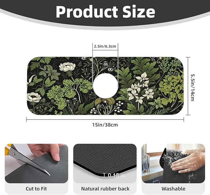 Botanical Garden Floral 15" X 5.5" Kitchen Sink Splash Guard, Faucet Guard Draining Mat, Faucet Suction Pad For Kitchen Bathroom