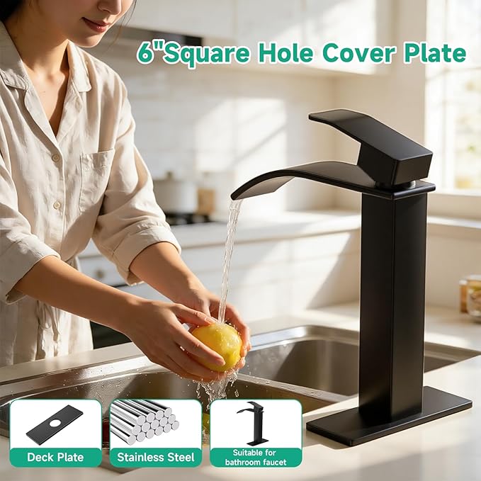 6.3IN Sink Faucet Hole Cover, Deck Plate Escutcheon - Sink Hole Cover, Plumbing Cover Plates, 6.3" Square Escutcheon for Bathroom Faucet 1-3 Hole, Stainless Steel(Mate Black)