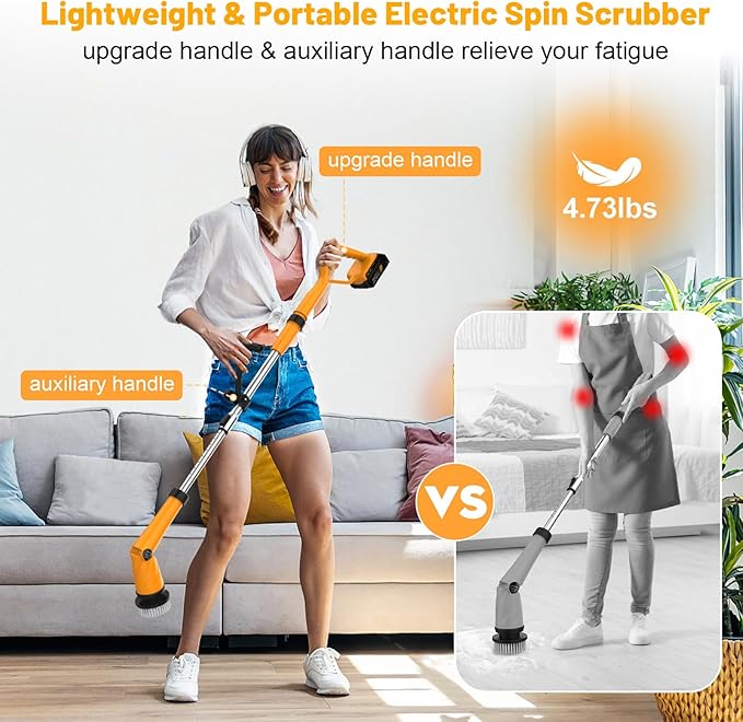 1500 RPM Electric Spin Scrubber for DeWalt 20V Battery, Power Shower Scrubber for Bathroom/Floor/Bathtub/Toilet/Tile,Electric Cleaning Brush with Long Handle & 8 Replaceable Brush