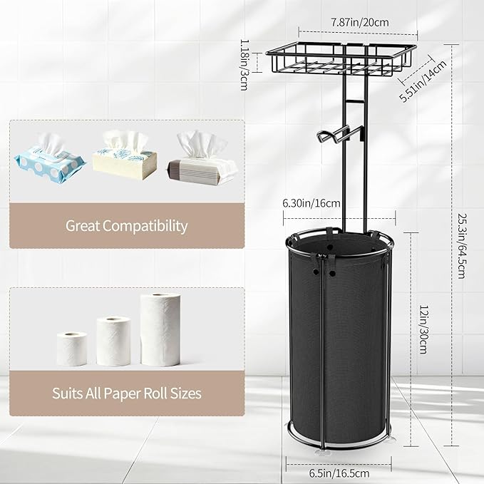 Lewondr Free Standing Toilet Paper Holder, Toilet Paper Holder with Shelf, Bathroom Tissue Roll Storage Rack with Storage Bag for 3 Rolls of Tissue, Black