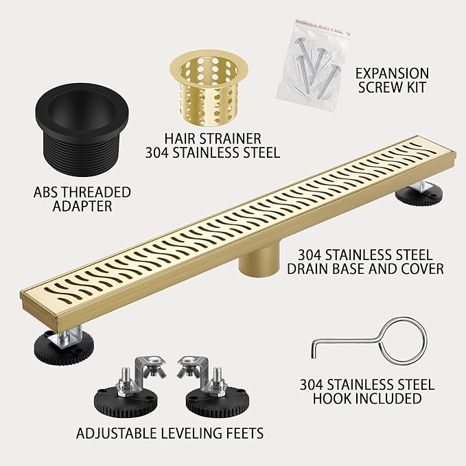 48 Inch Linear Shower Drain, Brushed Gold Shower Drain, Removable Grate, 304 Stainless Steel, Easy to Install and Clean for Bathrooms (Drain Base Not Included), LSD-51A-48G