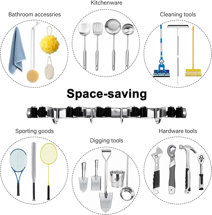 2 Packs 5 Racks and 4 Hooks Mop and Broom Holder Wall Mount, SUS304 Heavy Duty Broom Organizer Storage Tool Racks, Self Adhesive Solid Non-slip Tool Hangers for Home Kitchen Garden Laundry Garage