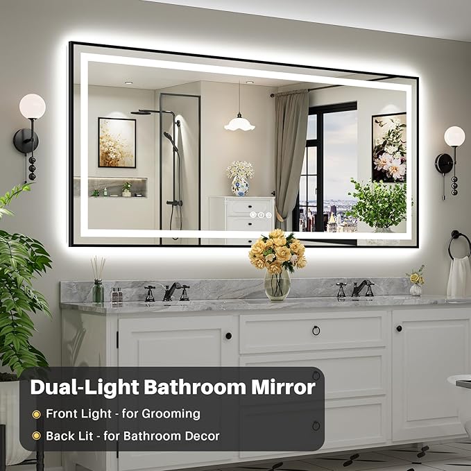 84x40 Inch LED Bathroom Mirror with Black Frame, Backlit & Front Lit, Anti-Fog Lighted Bathroom Vanity Mirror for Wall, Memory Function, Dimmable, HD Tempered Glass, Shatter-Proof