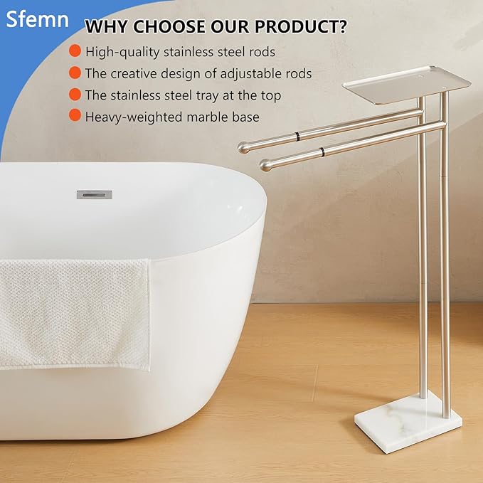 Standing Towel Rack with Weighted Marble Base, Towel Rack Stand with Shelf, 2-Tier Towel Racks for Bathroom, Multiple Spaces Stainless Steel Brushed Finish