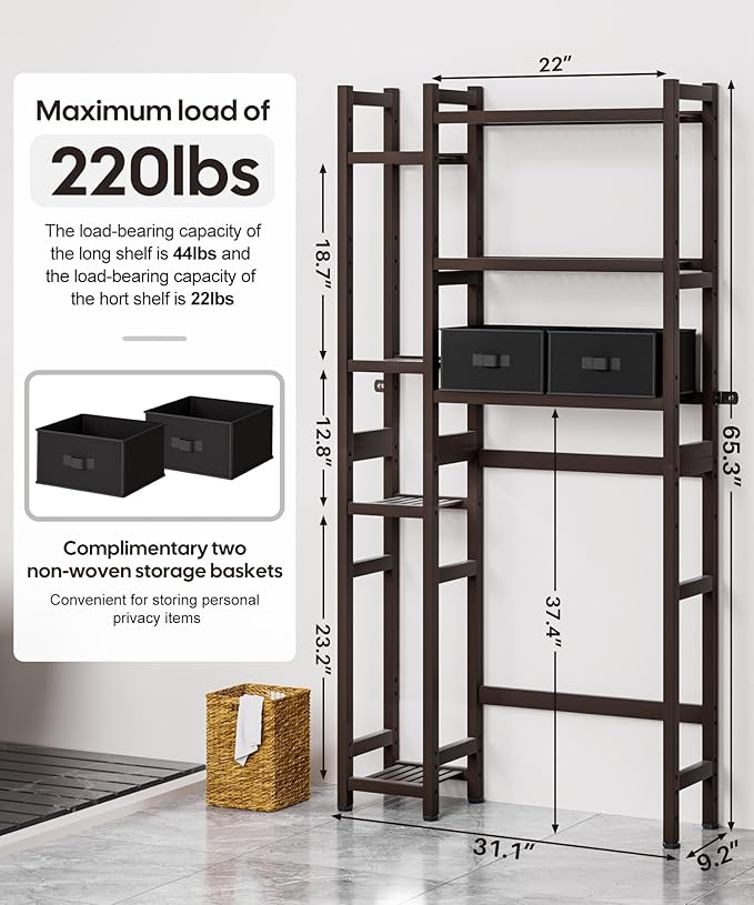 Homde Over The Toilet Storage with Basket and Drawer, Bamboo Bathroom Organizer with Adjustable Shelf & Waterproof Feet Pad, Space Saver Rack for Restroom, Laundry, Brown