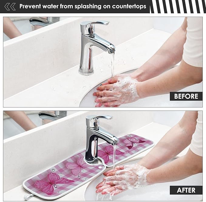 Sink Faucet Absorbing Mat Kitchen Sink Splash Guard Splash Faucet Drip Catcher for Bar RV Bathroom 2PCS 30x5.5in Checkered Pink and White Butterflies