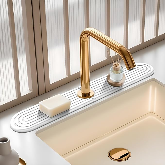 White 23.6" Oval Diatomite Stone Faucet Mat for Kitchen Sink-Absorbent Fast Drying Splash Guard&Countertop Protector | Durable Kitchen & Bathroom Sink Mat,Stone Faucet Tray for Water Catching