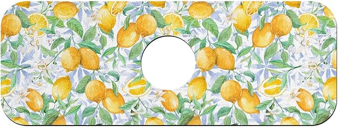 Faucet Draining Mat For Kitchen Sink, Yellow Lemons And Blue Tiles Diatom Mud Absorbent Drain Pad For Bathroom Kitchen Sink Splash Guard Drying Mat