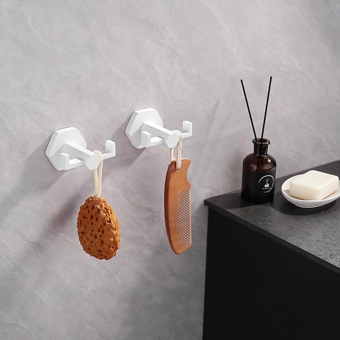 GERZWY White Bathroom Hooks, Double Towel Robe/Coat Clothes Hook Stainless Steel Hanger Wall Hooks Heavy Duty for Bath Wall Mounted 2 Pack