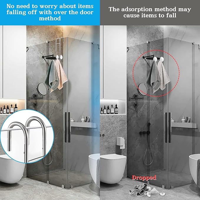 Shower Door Towel Hooks (2-Pack), 9"~13" Length Adjustable Hook for Framed & Frameless Over The Door Glass, Squeegee Holder, Towels Hanger for Bath Suits Rozer Robes Loofahs Shavers, Silver