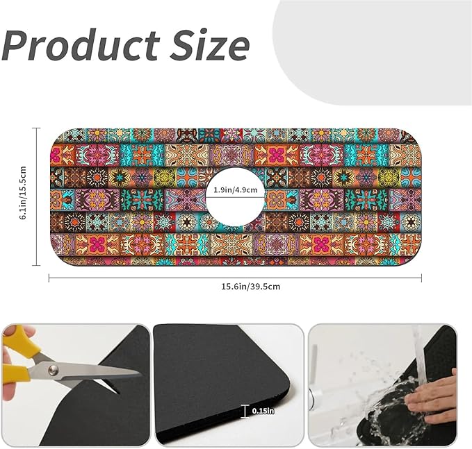 Faucet Draining Mat For Kitchen Sink, Vintage Mandala Floral Diatom Mud Absorbent Drain Pad For Bathroom Kitchen Sink Splash Guard Drying Mat