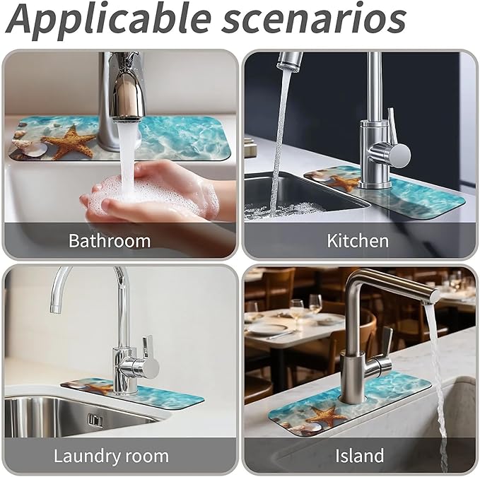 Kitchen Sink Splash Guard，Starfish Shell Beach Faucet Mat Sink Gadgets-Super Absorbent Fast Drying Mat Drip Catcher for Kitchen, Bathroom,Sink Mat, Dish Drying Mat, Bathroom(15" X 5.5" )