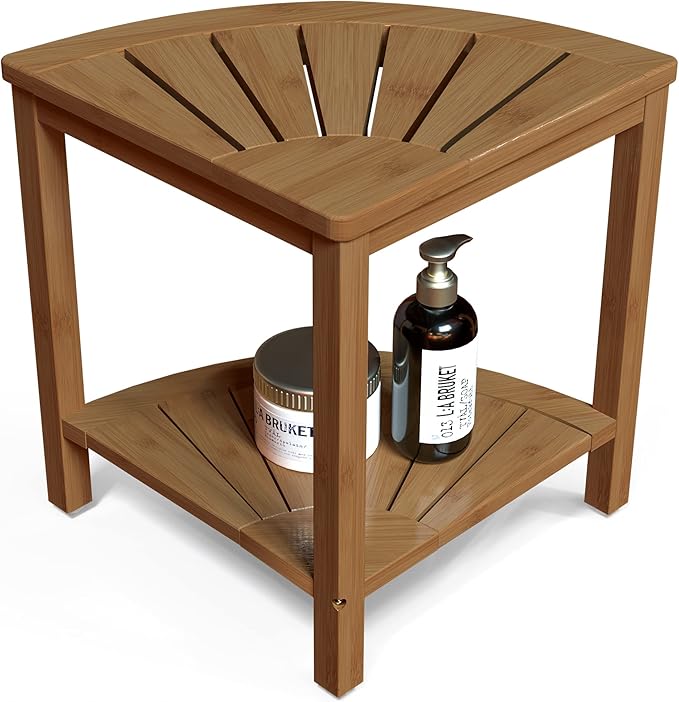 Zhuoyue Bamboo Corner Shower Stool Bench Waterproof with Storage Shelf, for Shaving Legs or Seat in Bathroom & Inside Shower