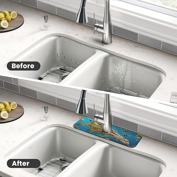 Turtle Ocean Life 15" X 5.5" Kitchen Sink Splash Guard, Faucet Guard Draining Mat, Faucet Suction Pad For Kitchen Bathroom
