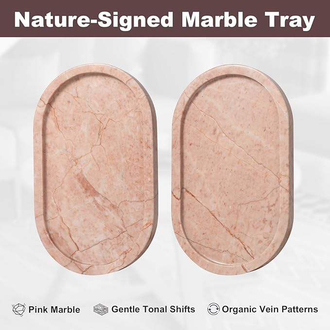 Cream Rose Marble Oval Tray 10x6 Inch - Vanity & Bathroom Organizer, Coffee Table Decor - Weighted Stone Base