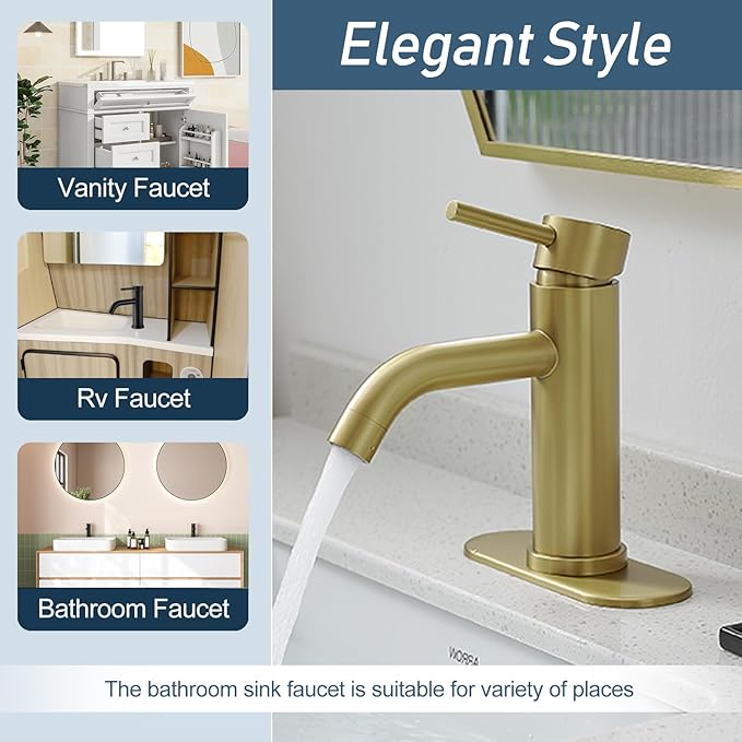 Gold Bathroom Faucets, Modern Single Hole Bathroom Sink Faucet Brushed Gold Single Handle Vanity Sink Faucet 1 Hole with 3 Hole Deck Plate, Pop Up Drain
