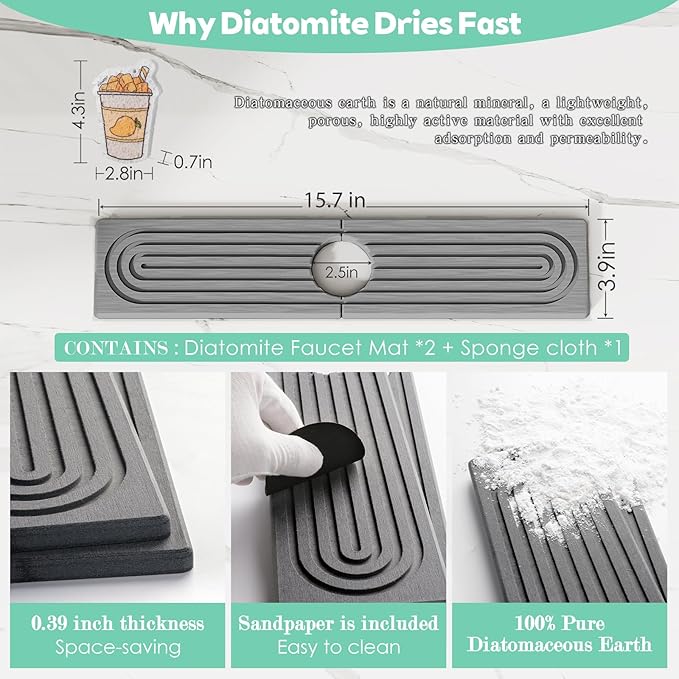 15.7'' Long Stone Faucet Mat for Kitchen Sink-Diatomite Quick Dry Kitchen Sink Splash Guard,Super Absorbent,Drying Stone Sink Tray,Sink Stone Quick Dry Around Faucet For Bathroom Counter (Dark Gray)