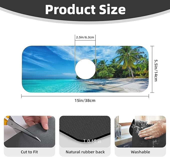 Beach Tropical Palm Tree Waves Travel Island Kitchen Sink Splash Guard Faucet Mat Super Absorbent Fast Drying Mat Sink Gadgets-Fast Drying Pad Sink Mat For Kitchen Bathroom (15" X 5.5" )
