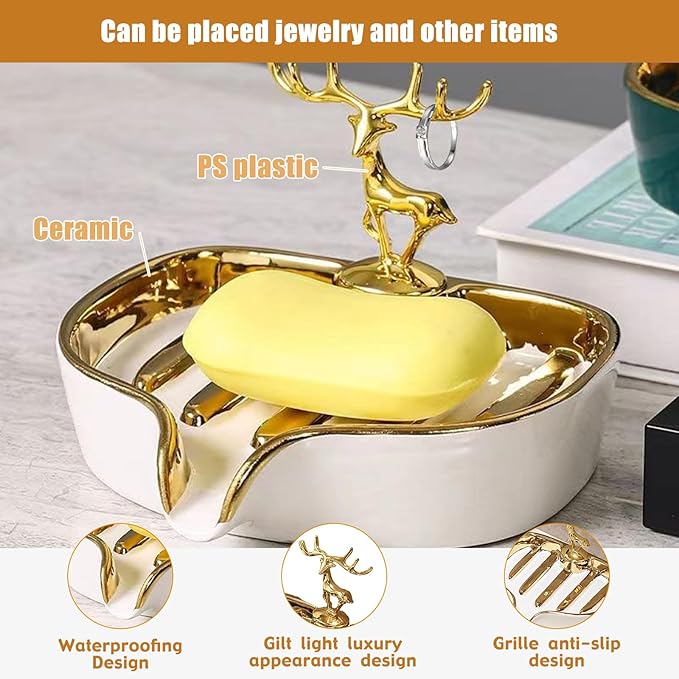 Soap Dish, Luxurious Ceramic Soap Dish Self Draining Soap Holder Tray Easy Cleaning Soap Saver for Shower Bathroom Kitchen Sink Bathtub Hotel Travel（White Painted in Gold）