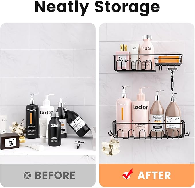 Adhesive Shower Caddy: 2 Bonus Hooks, 4-Pack Wall Mounted Bathroom Storage Shelf, Rustproof Metal Basket Organizer for Kitchen & Bathroom Drill Free Black