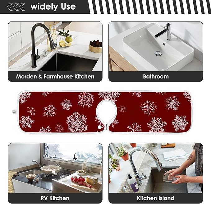 2 PCS Kitchen Sink Splash Guard 30 Inch Faucet Mat for Kitchen Sink Bathroom Sink Faucet Absorbing Drip Drain Mat Pad Microfiber Soft Washable Red Christmas Gingerbread Snowflakes