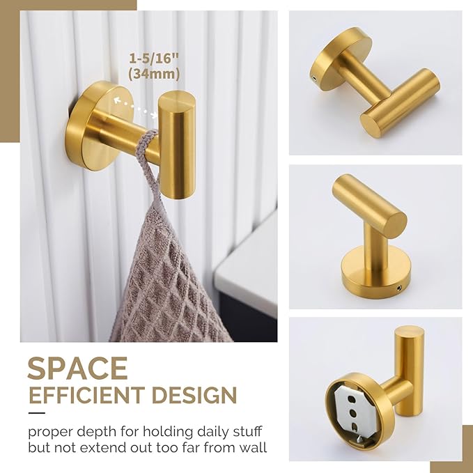 Bathroom Hardware Set 4-Piece Brushed Gold, Angle Simple SUS304 Stainless Steel Bathroom Fixtures Accessory Kit with Towel Hook X 2, Toilet Paper Holder and Rotary Towel Ring, Wall Mount