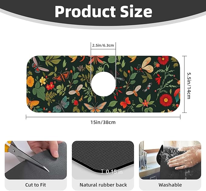Butterfly Floral 15" X 5.5" Kitchen Sink Splash Guard, Faucet Guard Draining Mat, Faucet Suction Pad For Kitchen Bathroom