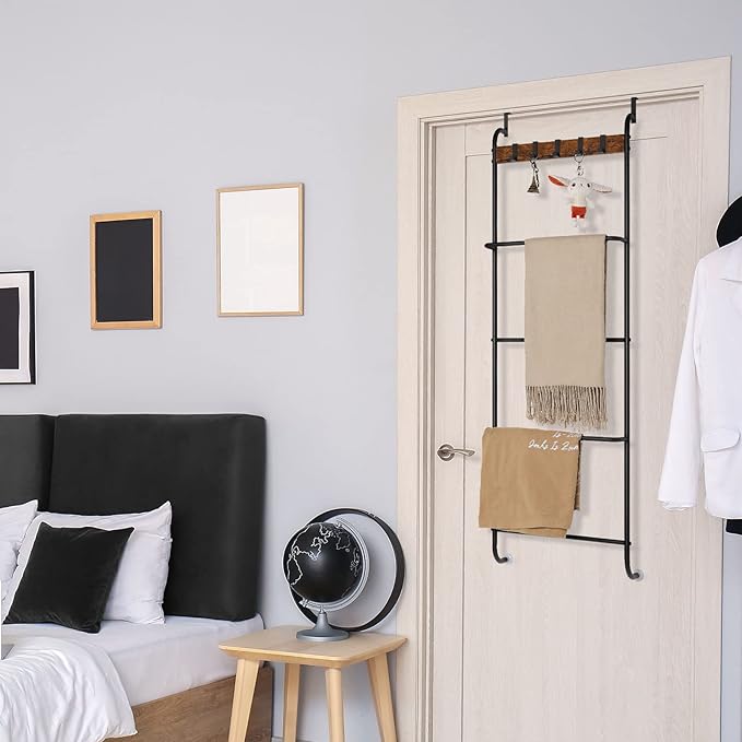 Over The Door Towel Rack Door Rack Hanger Organizer Bathroom Door Rack for Towels Over The Door Hooks with Shelves Behind Door Towel Holder for Livingroom, Back of Door 4 Tier Towel Bar